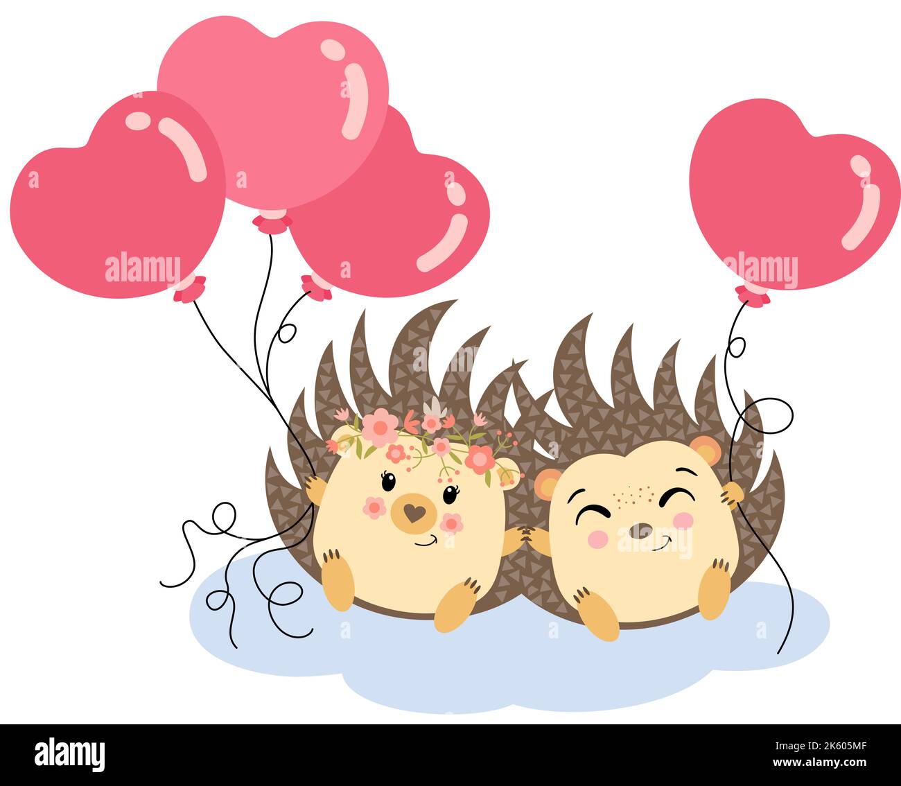 Coppia carina di hedgehog con palloncini cuore in amore Foto Stock