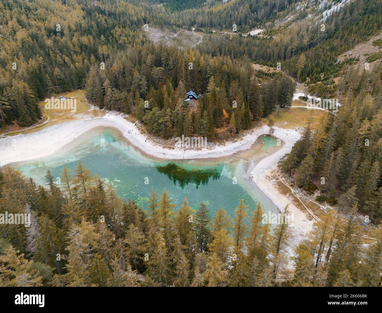 Veduta aerea del Lago Verde di St. Katharein Tragöß, Stiria, Austria Foto Stock