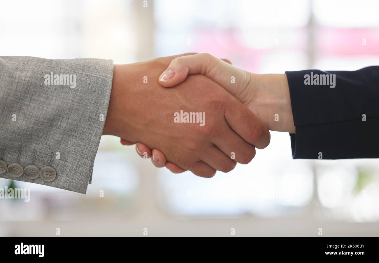 Due uomini d'affari scuotono le mani mentre si trovano in ufficio insieme al lavoro. I professionisti di affari salutano la rete e fanno gli affari con a vicenda Foto Stock