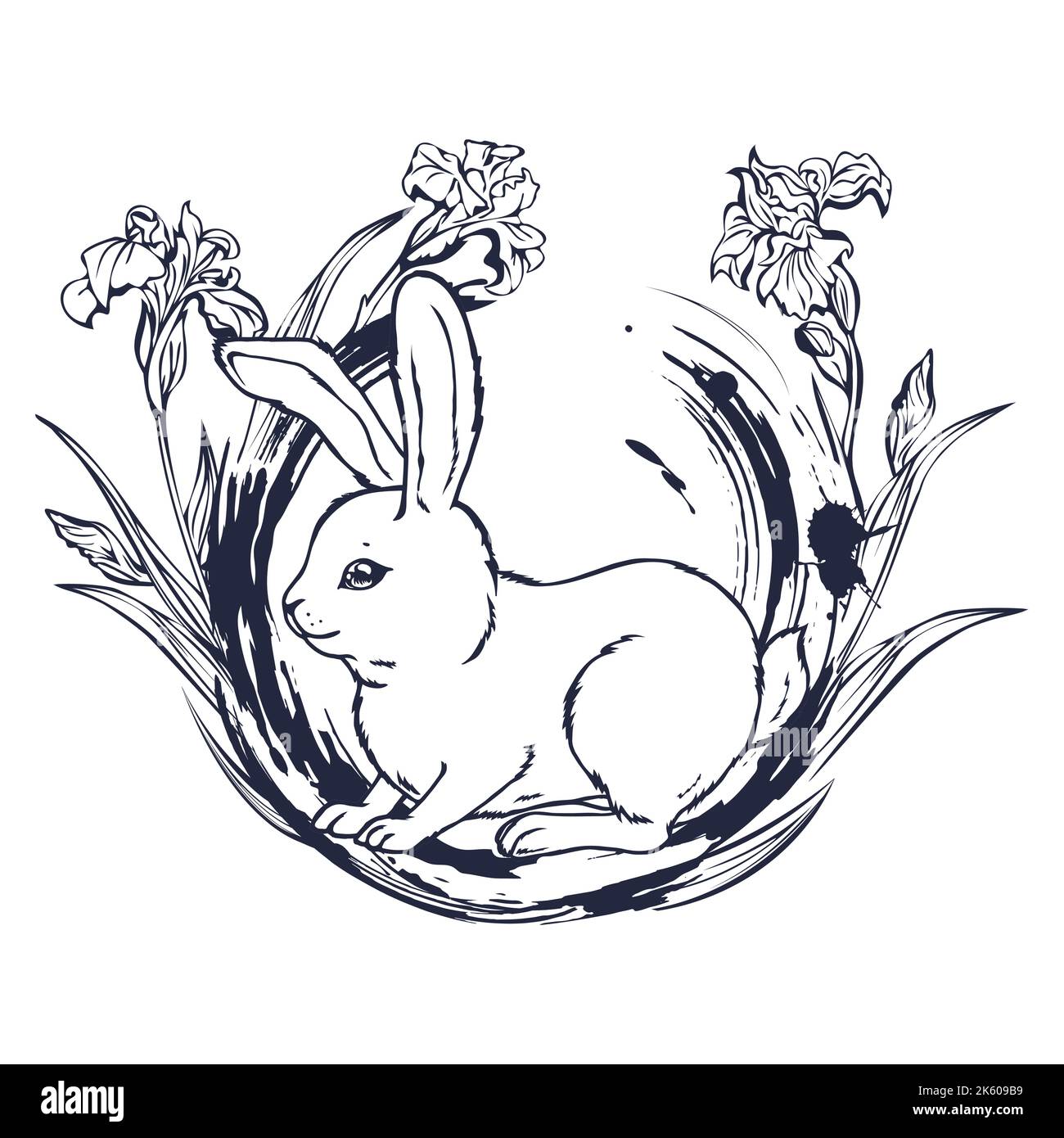Coniglio cute si siede in una corona di iridi fiorenti. Illustrazione Vettoriale