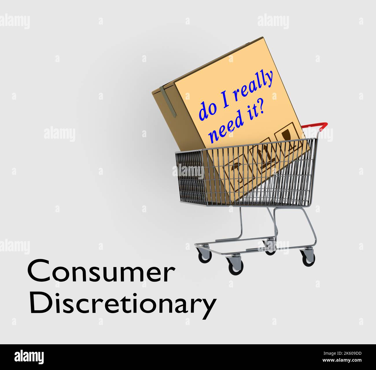 3D illustrazione di un cartone con lo script mi serve davvero? su una scatola posta in un carrello del supermercato. Foto Stock