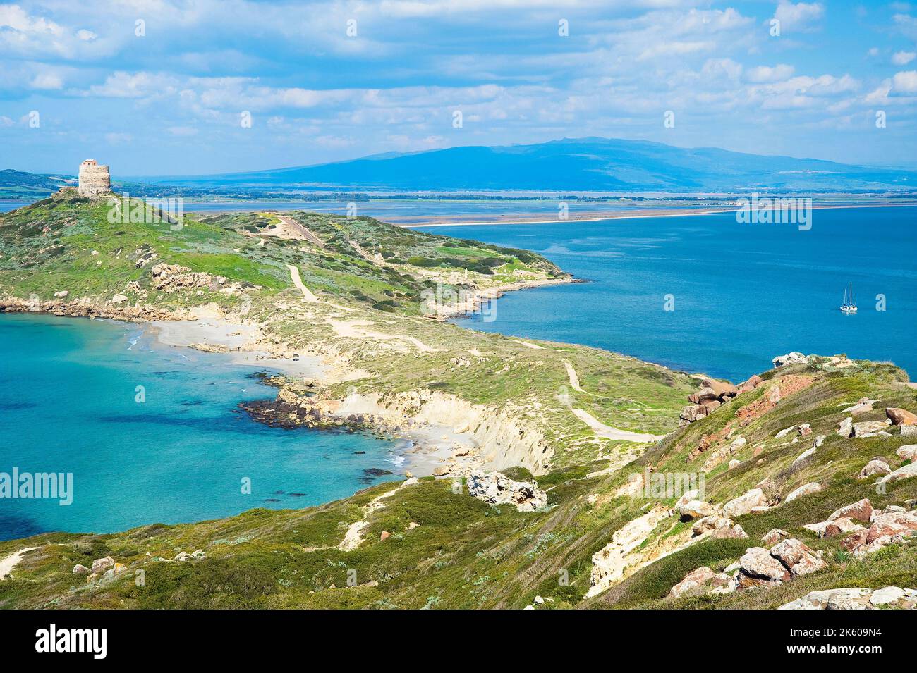 Torre San Luigi, Tharros, Capo San Marco, Cabras, Sinis, Sardegna, Italia, Europa Foto Stock