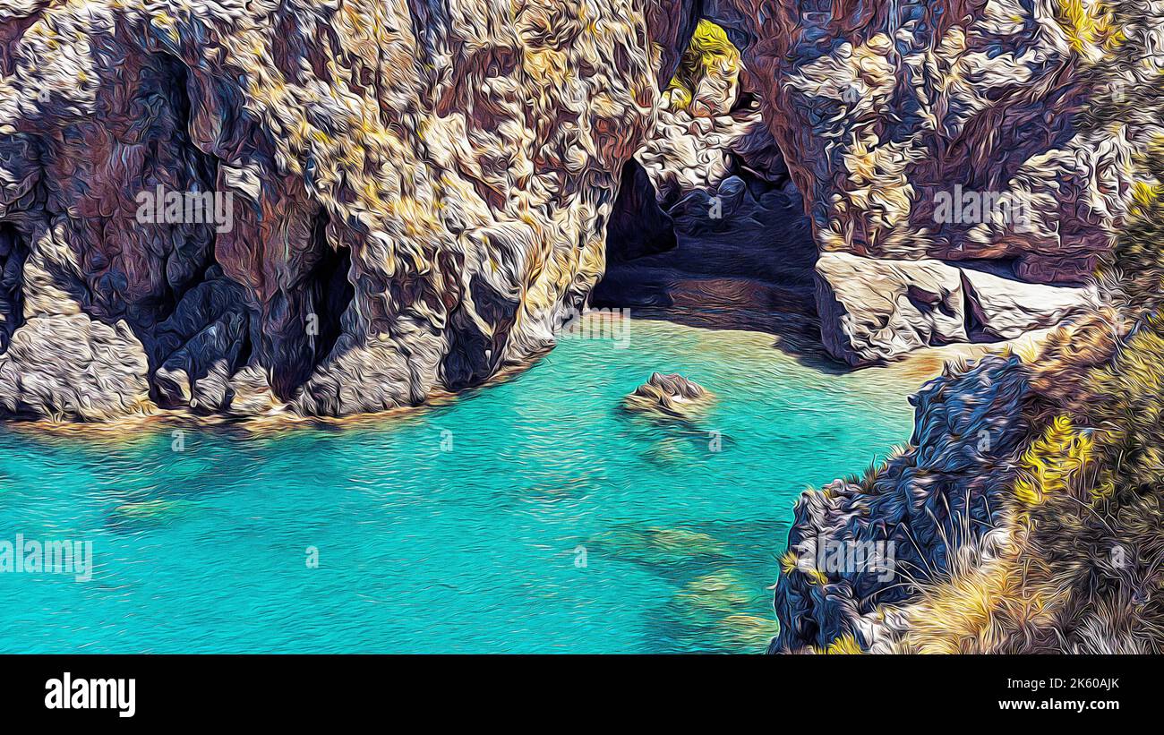 Arco Magno, grande arco di rocce e scogliere che si affaccia sul mare, splendida spiaggia nascosta di sabbia e ciottoli, paradiso subacqueo nel Mar Mediterraneo Foto Stock