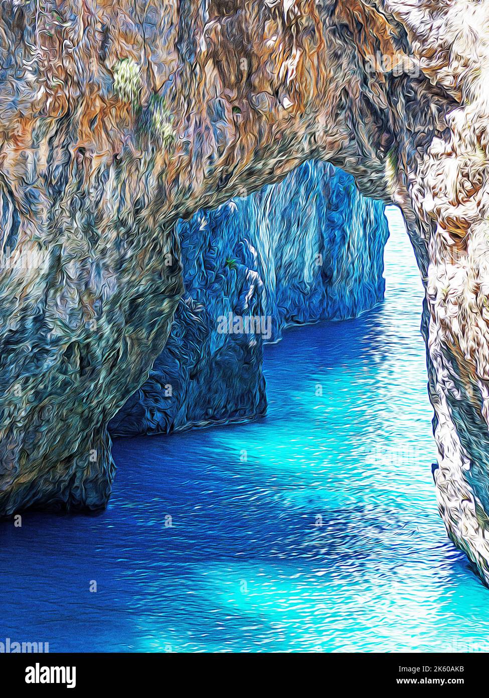 Arco Magno, grande arco di rocce e scogliere che si affaccia sul mare, splendida spiaggia nascosta di sabbia e ciottoli, paradiso subacqueo nel Mar Mediterraneo Foto Stock