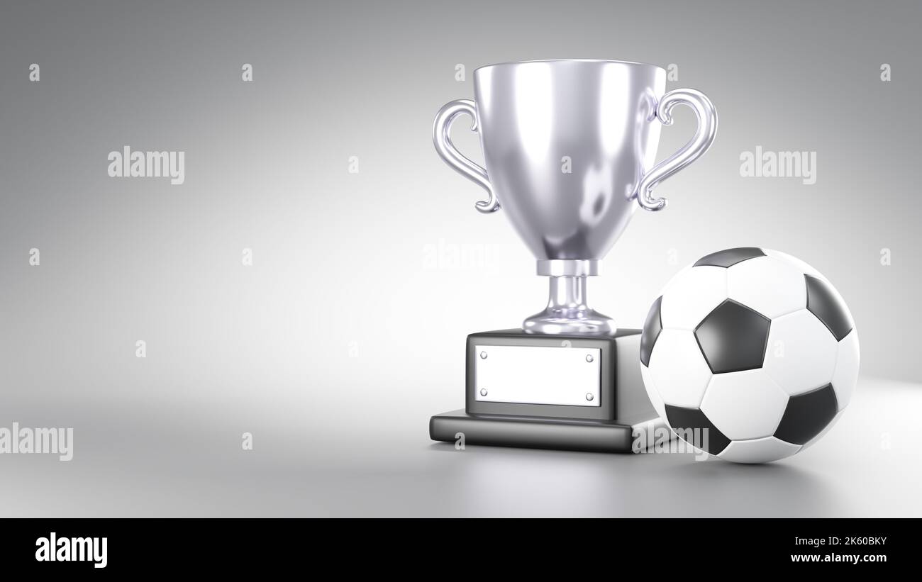 Coppa Trofeo d'argento e palla da calcio o calcio su sfondo grigio con spazio copia . 3D rendering . Foto Stock