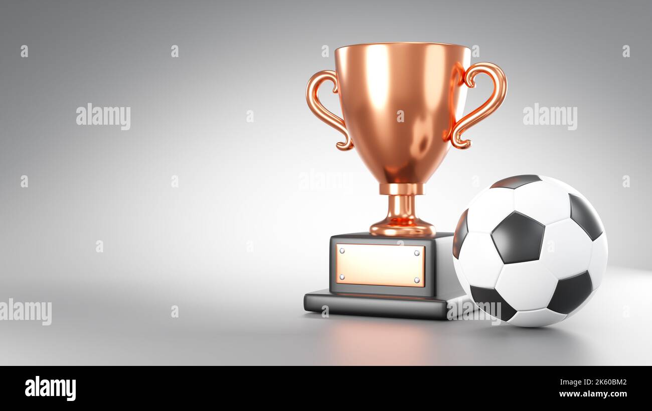 Coppa di bronzo e pallone da calcio o calcio su sfondo grigio con spazio copia . 3D rendering . Foto Stock
