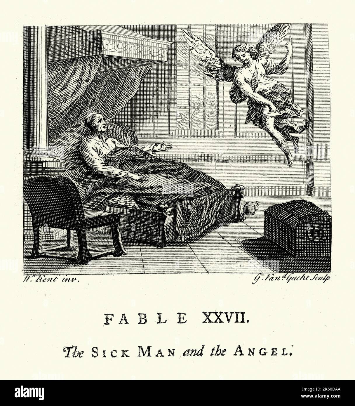 Incisione vintage del malato e l'angelo, dalle Favole di John Gay 18th ° secolo Foto Stock