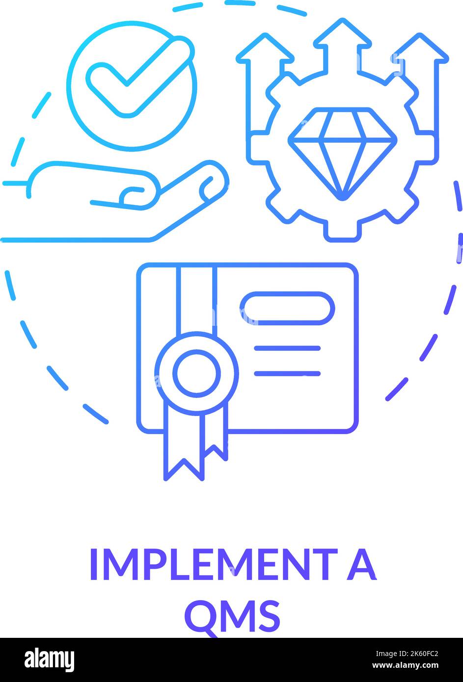Implementare l'icona del concetto di gradiente QMS blu Illustrazione Vettoriale