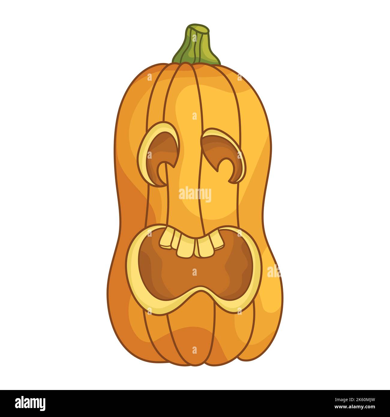 Testa di zucca Jack-o'-lanterna spaventato. Un carattere tradizionale per Halloween. Elemento di design semplice per biglietti d'auguri, poster, adesivi, striscioni e decorazioni per le feste. Carino cartone animato piatto illustrazione. Illustrazione Vettoriale