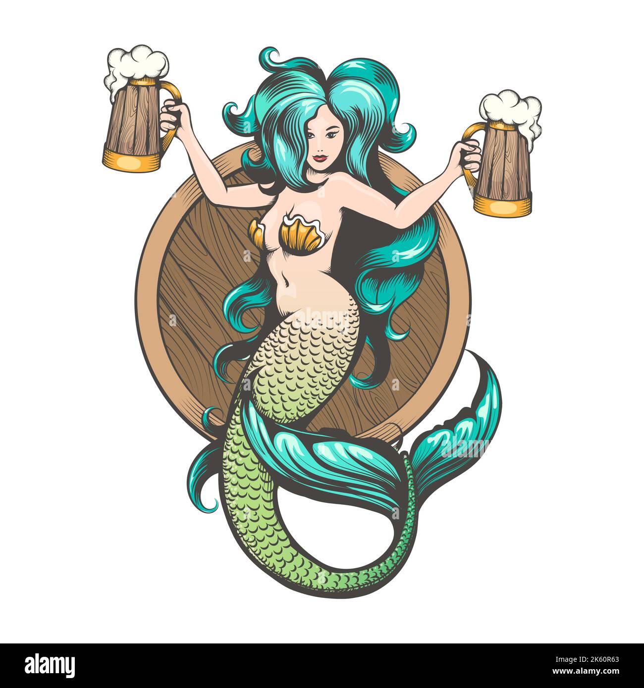 Tatuaggio di sirena con tazze di birra isolato su bianco. Illustrazione vettoriale Illustrazione Vettoriale