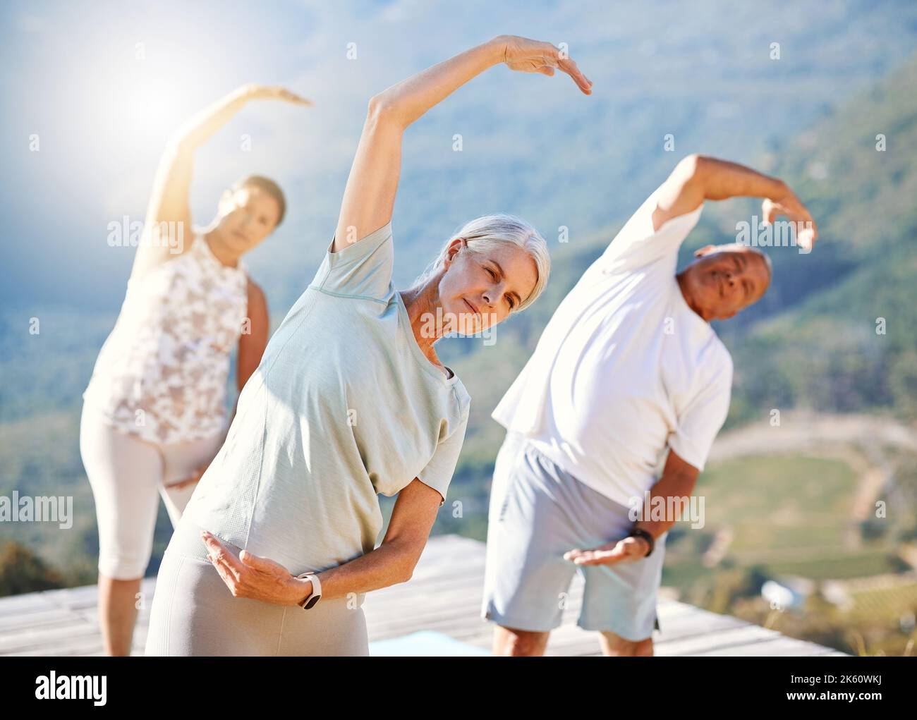 Gruppo di persone anziane che si allungano con le mani sopra la testa all'aperto. Persone mature che fanno esercizio di yoga in natura in una giornata di sole. Lezione di yoga con Foto Stock