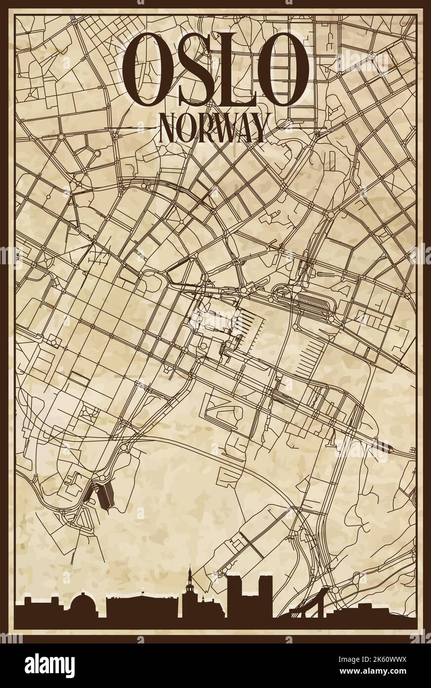 Mappa stampata a mano della rete stradale del centro di OSLO, NORVEGIA Illustrazione Vettoriale