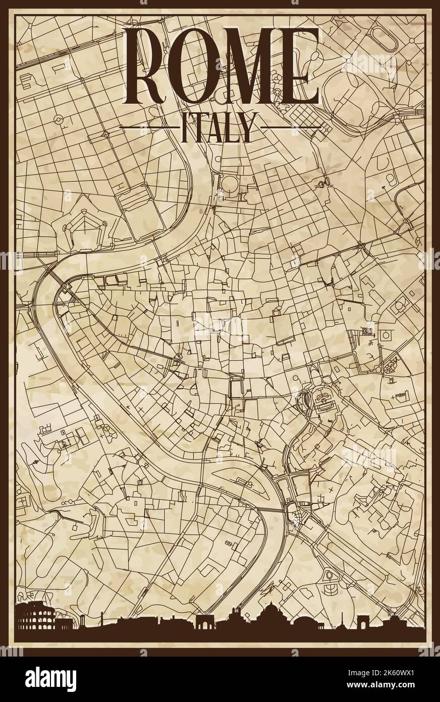 Mappa stampata a mano della rete di strade del centro di ROMA Illustrazione Vettoriale