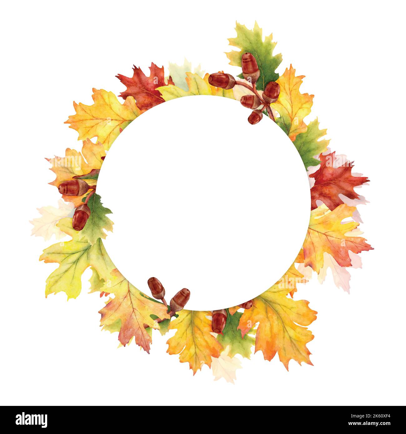 Acquerello foglie autunnali e rami con una cornice rotonda isolata su sfondo bianco. Illustrazione autunnale per gli inviti, o biglietti d'auguri con spa Illustrazione Vettoriale