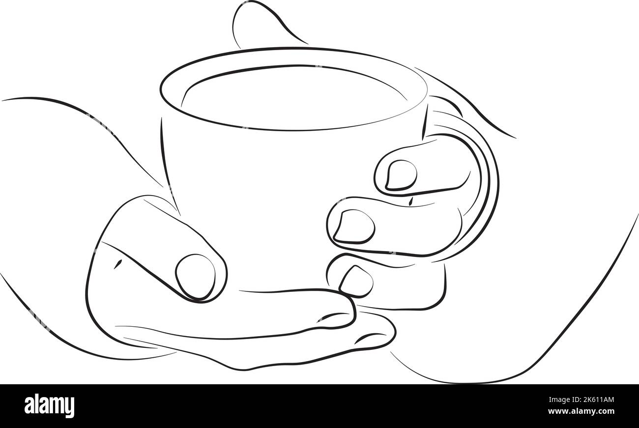 una tazza di caffè o tè in mano. Banner per una caffetteria. Invito per una caffetteria, abbonamento. Illustrazione Vettoriale