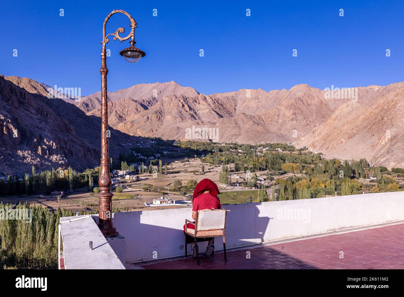 Monaco che guarda fuori sui campi che circondano il Monastero di Matho, Ladakh, India Foto Stock