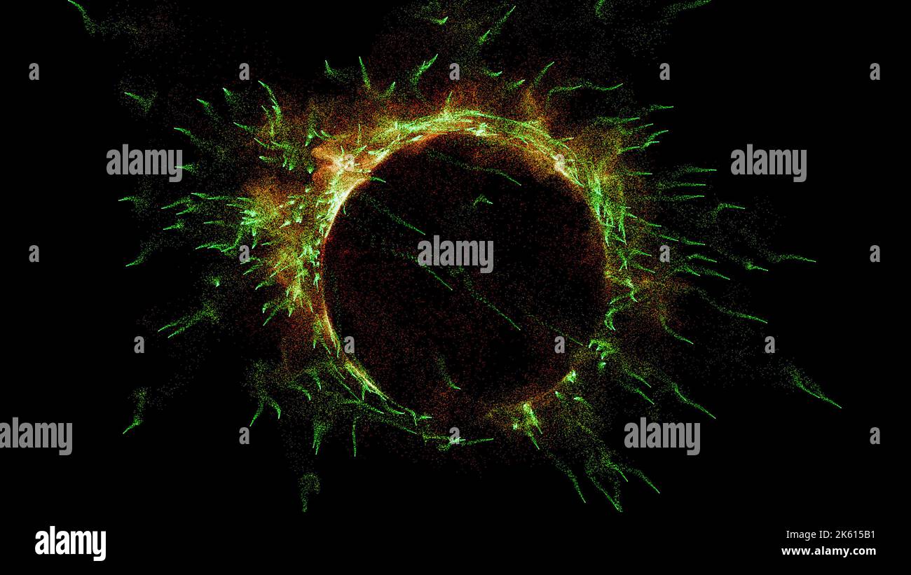 3D rendering di stringhe di energia cosmica. L'energia fluisce sotto forma di sottili elementi luminosi. Le linee formano fibre strutturali Foto Stock