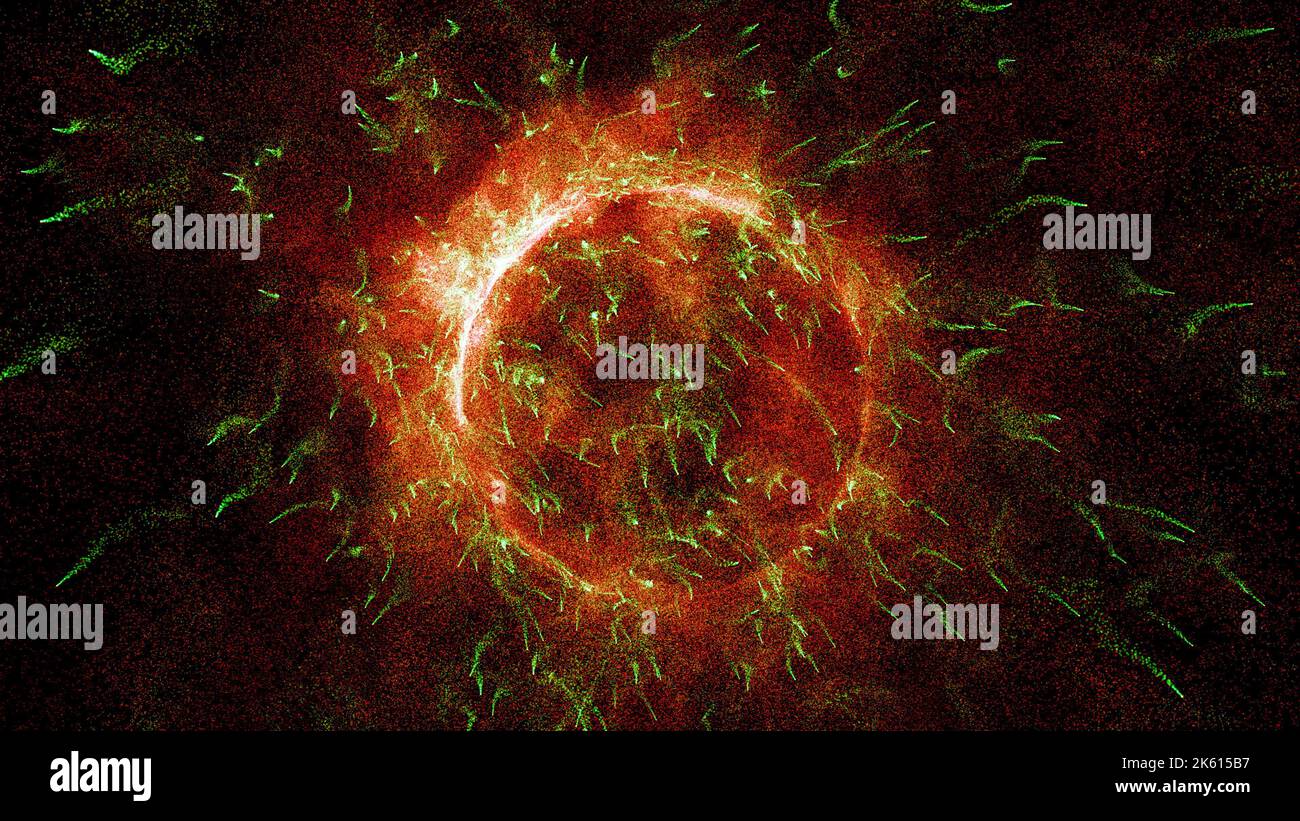 3D rendering di stringhe di energia cosmica. L'energia fluisce sotto forma di sottili elementi luminosi. Le linee formano fibre strutturali Foto Stock