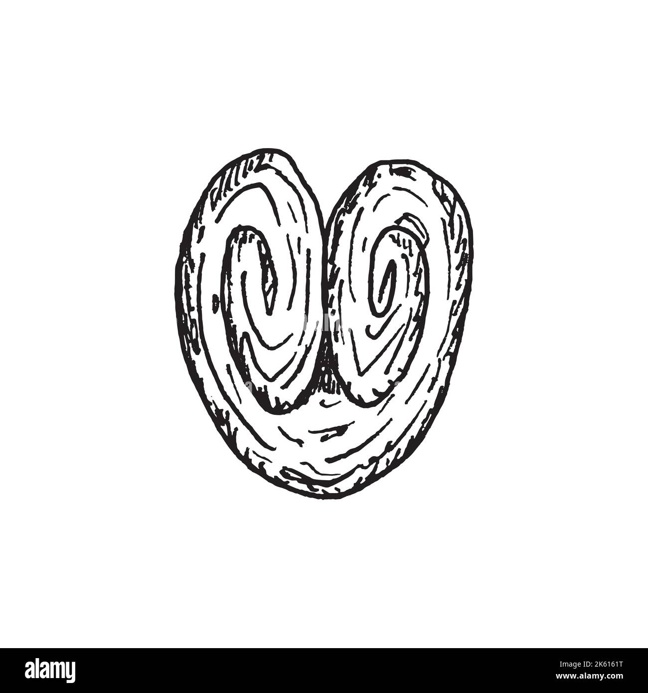 Palmieri, prodotti da forno. Oreja hojaldre. Inchiostro schizzo di pasta francese. Illustrazione vettoriale disegnata a mano. Illustrazione Vettoriale