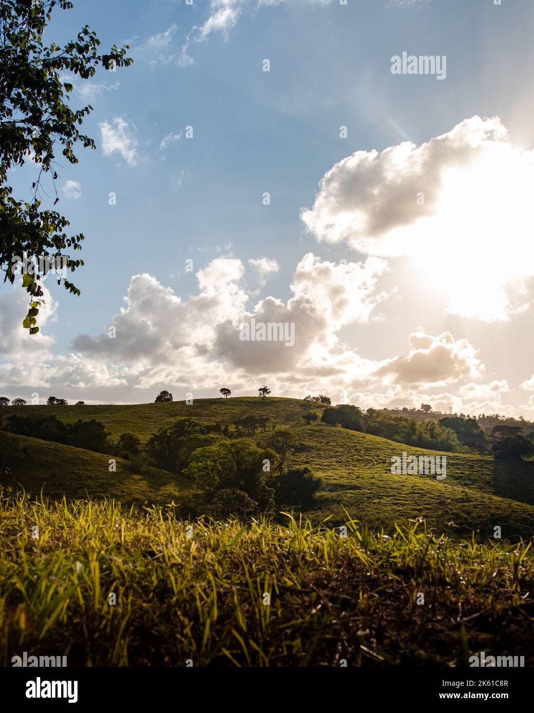 Bella valle di montagna su juncos Puerto Rico. Ora d'oro al tramonto. Pace e paesaggio panoramico dalle vibrazioni dell'isola caraibica. Foto Stock