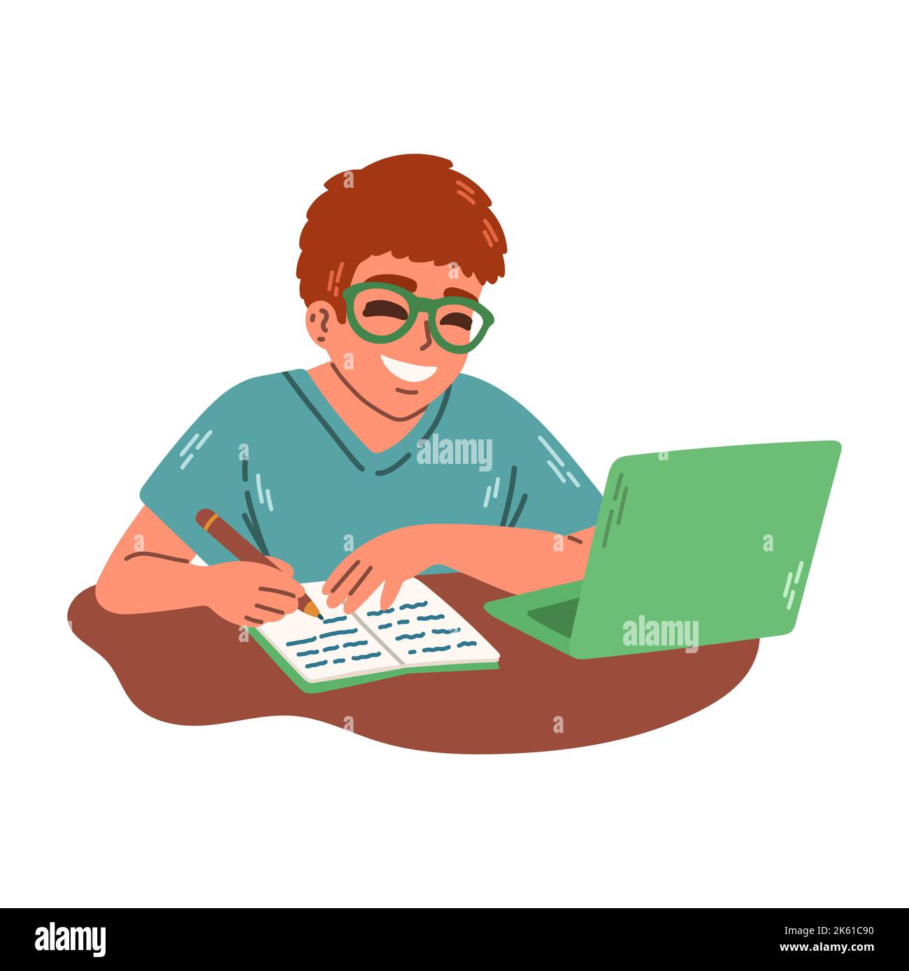 Giovane uomo in vetro che scrive in taccuino, studiando con il laptop. Illustrazione piatta del concetto di e learning e tutorial. Illustrazione Vettoriale