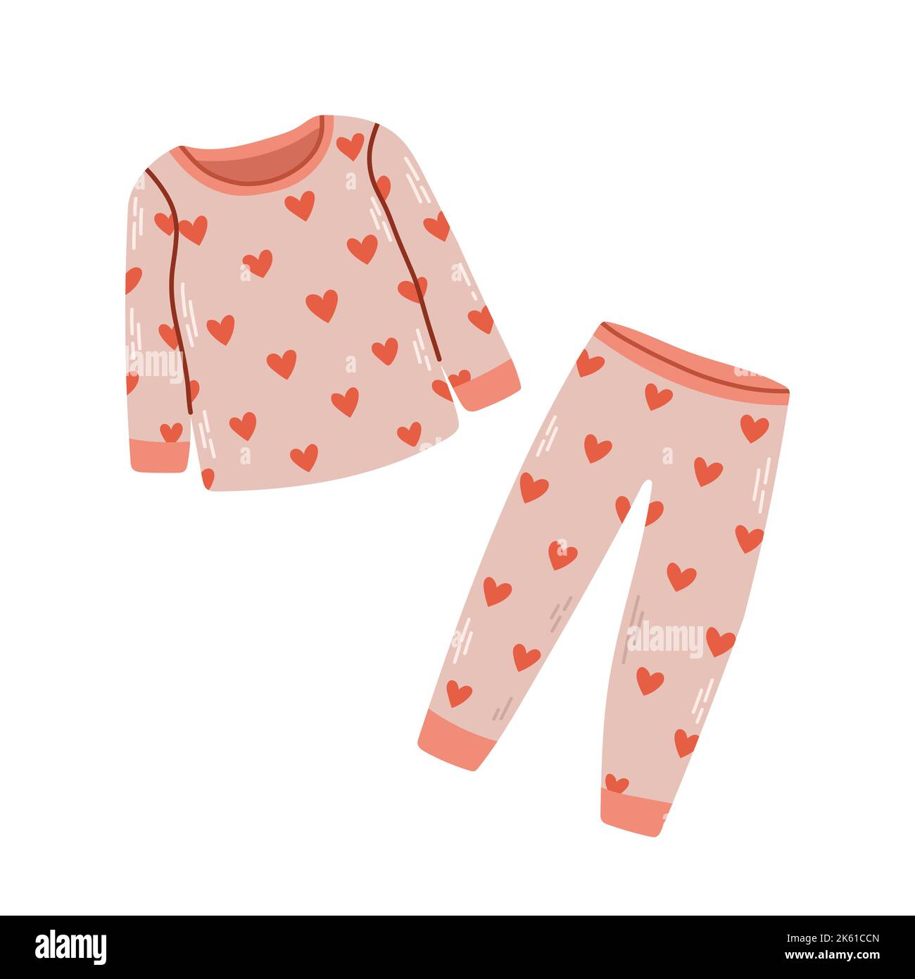 Sleepwear per ragazze pajama, nightgown, sleep suit, isolato vettore eps 10 in cuori rossi Illustrazione Vettoriale