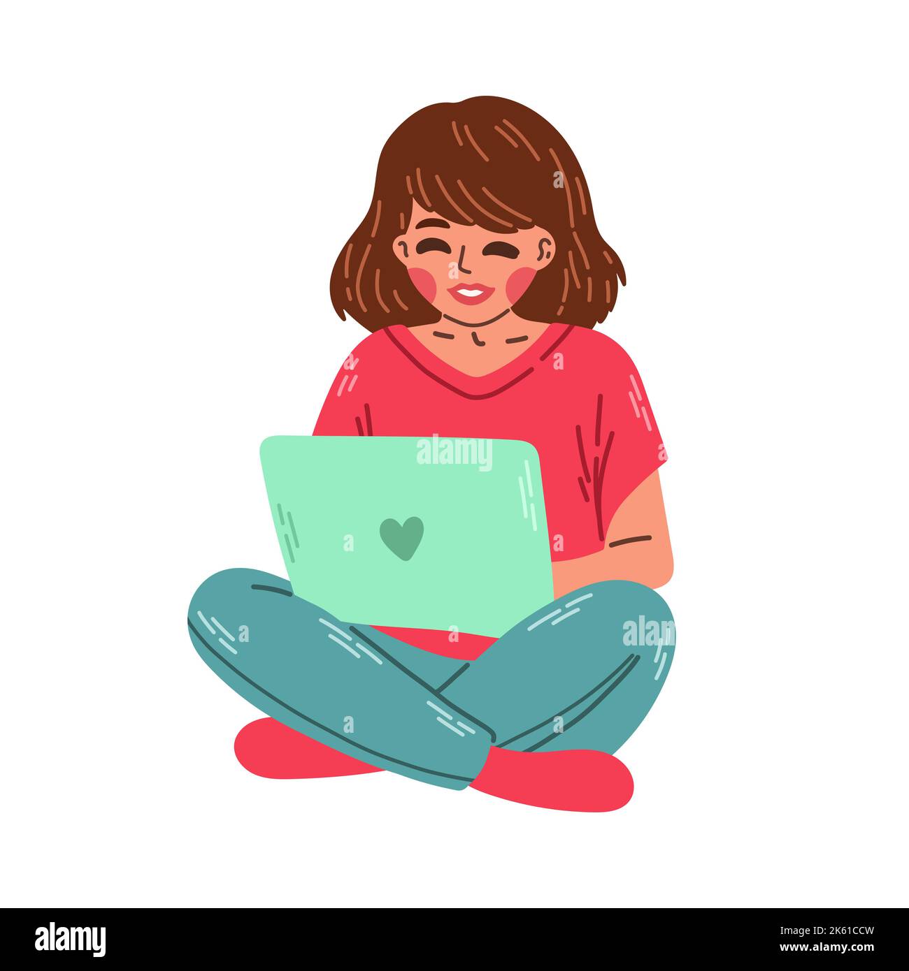 Giovane ragazza seduta sul pavimento e che studia sul laptop. Illustrazione piatta del concetto di e learning e tutorial. Illustrazione Vettoriale