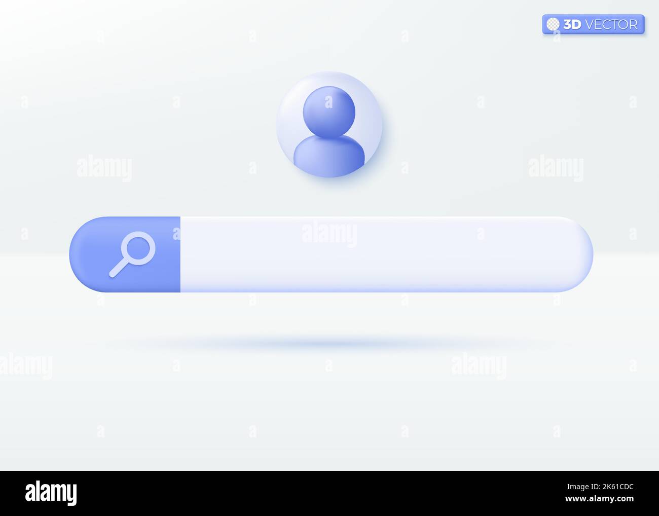 Simboli delle icone del design della barra di ricerca. Pulsante del browser per informazioni su Web, navigazione e ricerca. Disegno di illustrazione con isolamento vettoriale 3D. Cartoon pastello minimal Illustrazione Vettoriale