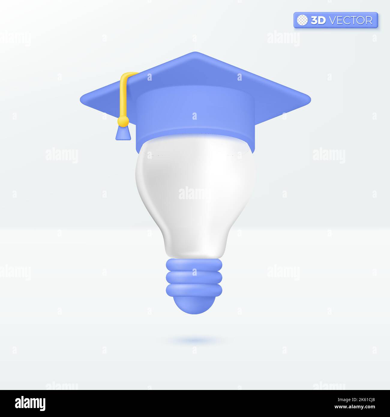 Lampadina con simboli a forma di cappello con graduazione. Ispirazione, idea migliore, concetto di istruzione. Disegno di illustrazione con isolamento vettoriale 3D. Cartoon pastello minimal Illustrazione Vettoriale