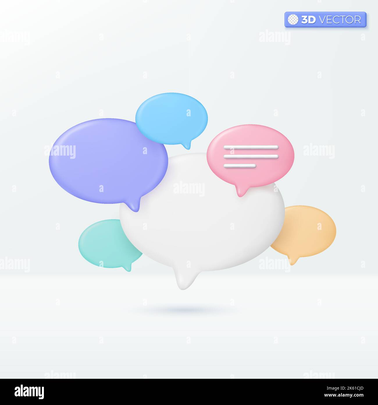 Simboli di icone multicolori di finestre di dialogo o fumetto. Messaggio di conversazione testuale, messaggio, conversazione. Disegno di illustrazione con isolamento vettoriale 3D. Cartoon pastello minimal Illustrazione Vettoriale