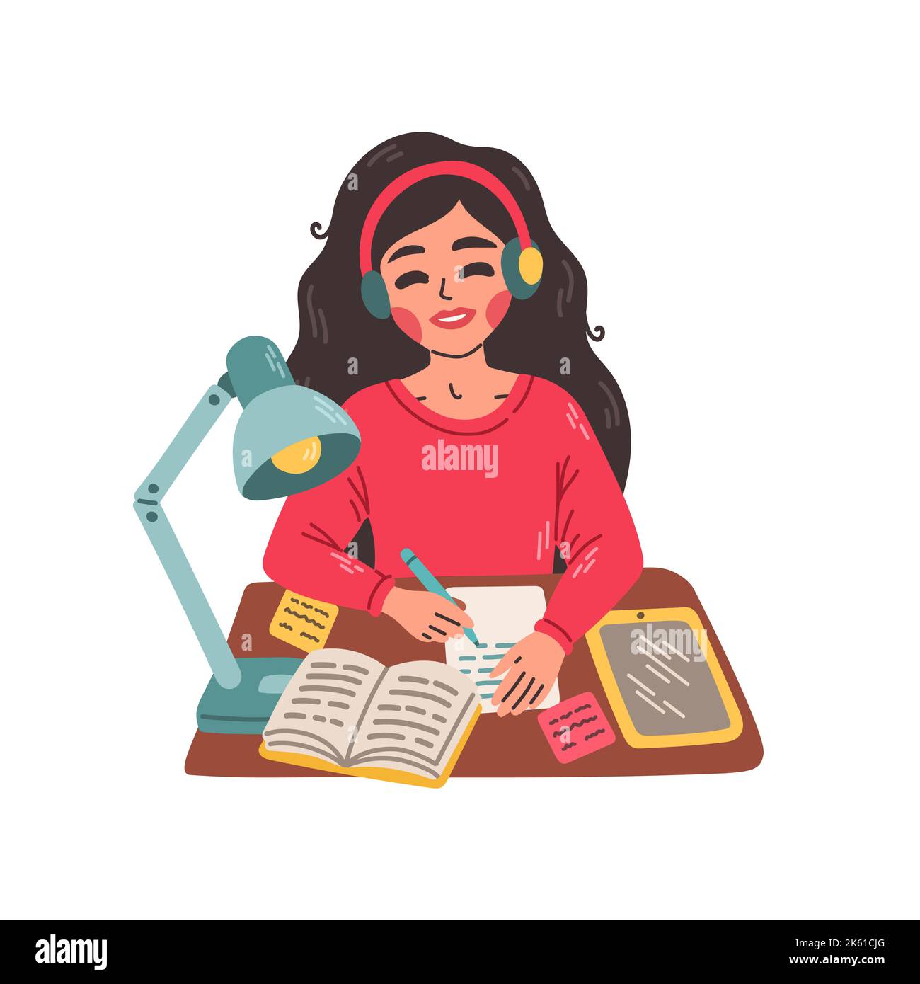 Giovane ragazza seduta a un tavolo e scrivere in notebook. Illustrazione piatta del concetto di e learning e tutorial. Illustrazione Vettoriale