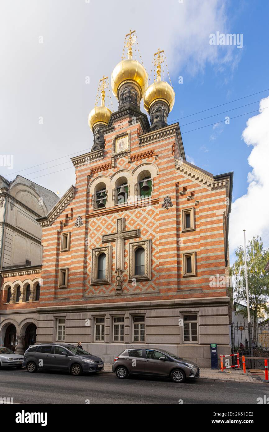 Copenaghen, Danimarca. Ottobre 2022. Vista esterna della Chiesa ortodossa russa di San Alessandro Nevsky nel centro della città Foto Stock