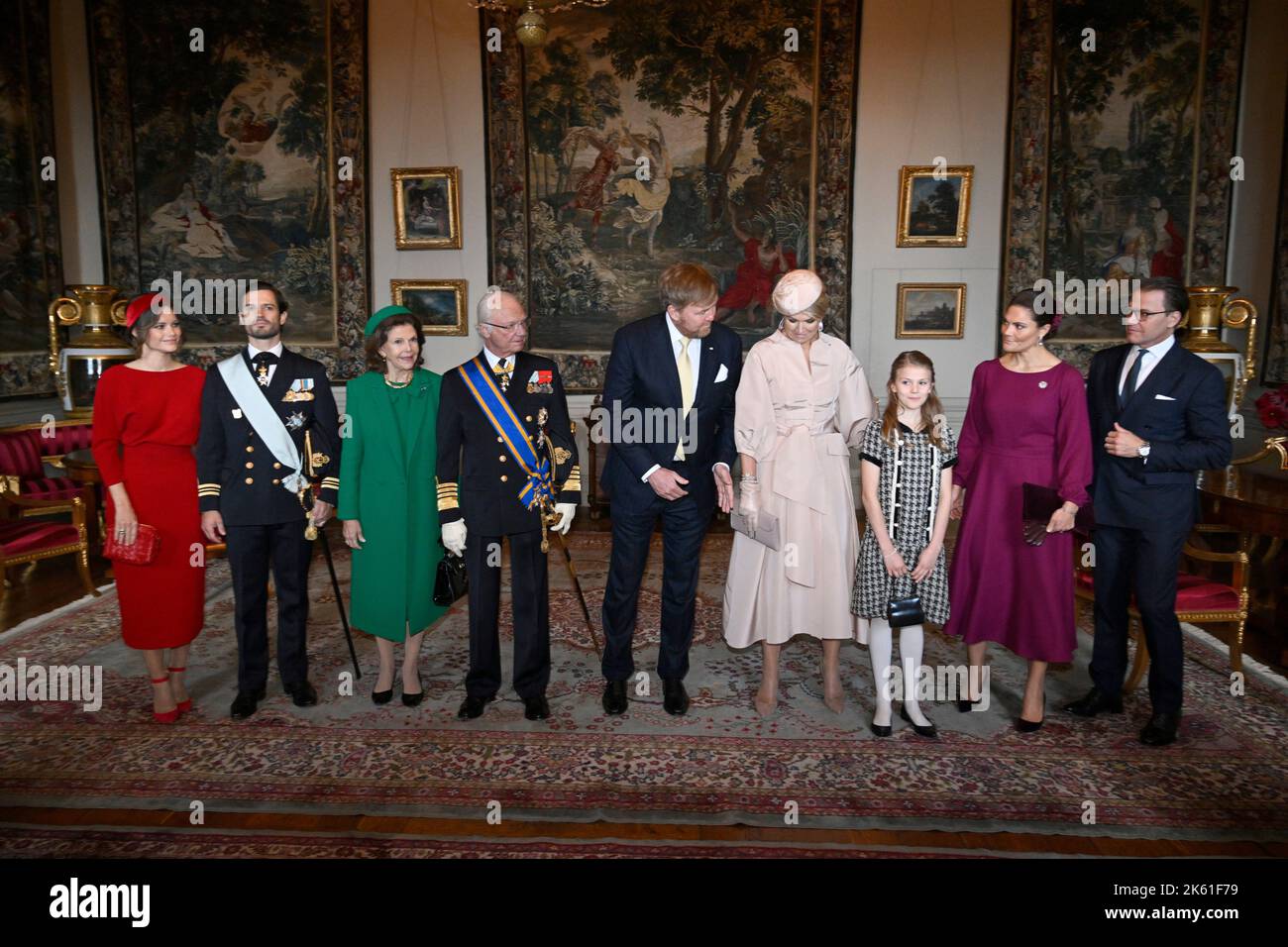 Principessa Sofia, Principe Carlo Filippo, Regina Silvia, Re Carl Gustaf, Re Willem-Alexander, Regina Maxima, Principessa Estelle, Principessa Corona Victoria e. Foto Stock