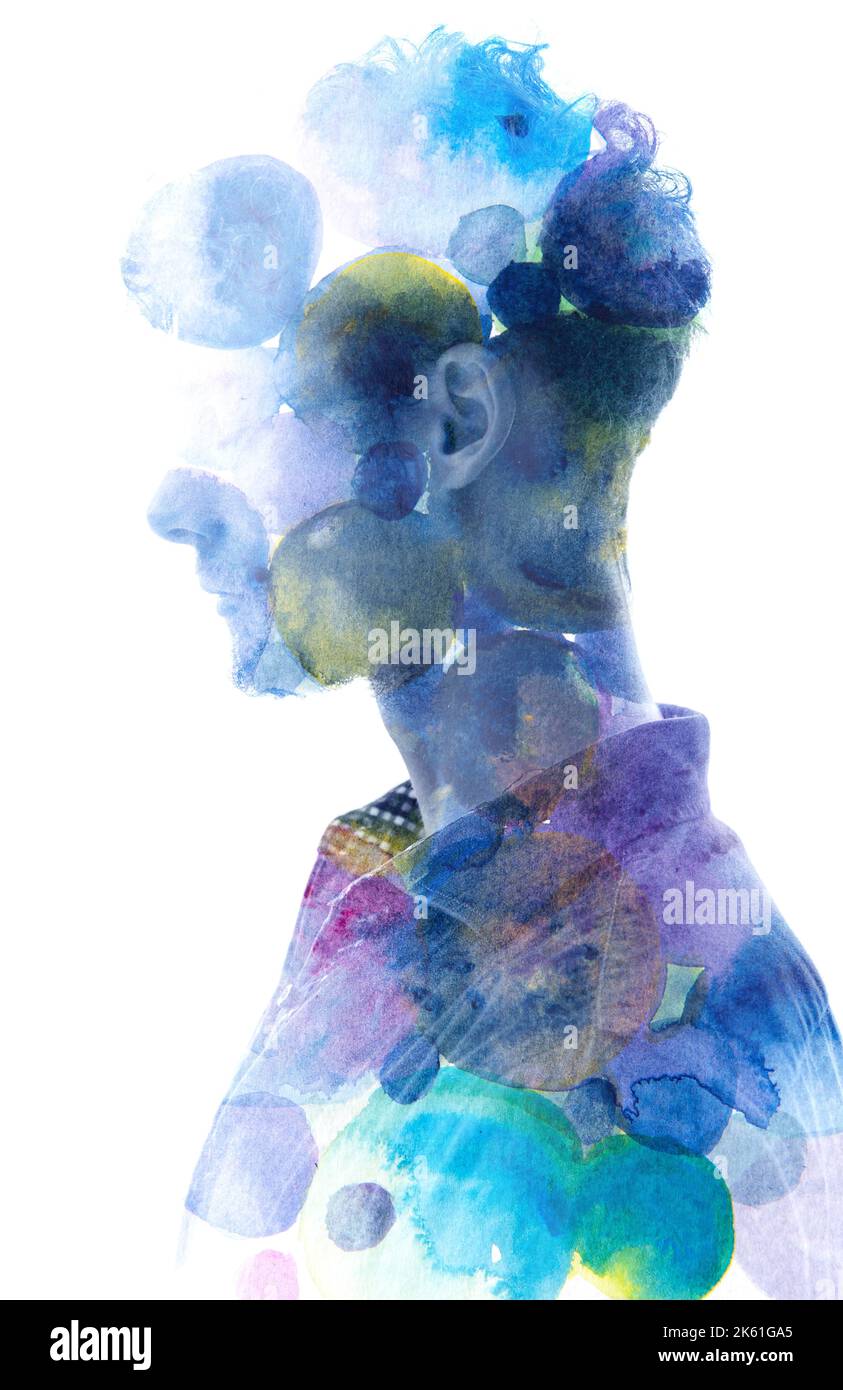 Pittura. Una combinazione di un dipinto astratto ad acquerello e di un ritratto Foto Stock