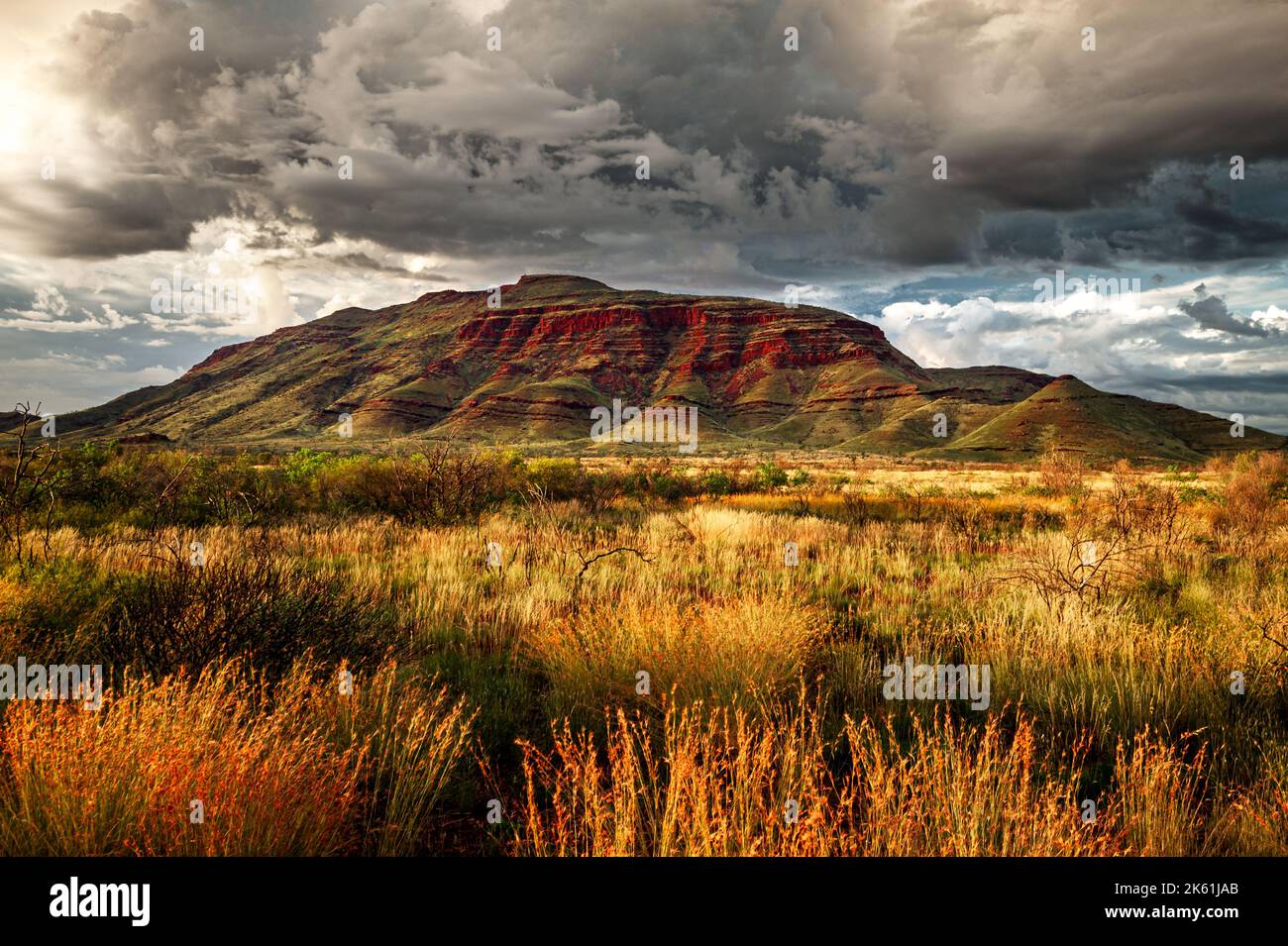 L'impressionante Monte Bruce nel Parco Nazionale di Karijini è la seconda vetta più alta dell'Australia Occidentale. Foto Stock