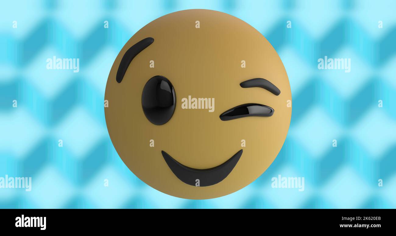 Illustrazione di emoji sorridenti e dell'occhio che avvolgono contro lo sfondo blu del motivo del rombo, spazio della copia Foto Stock