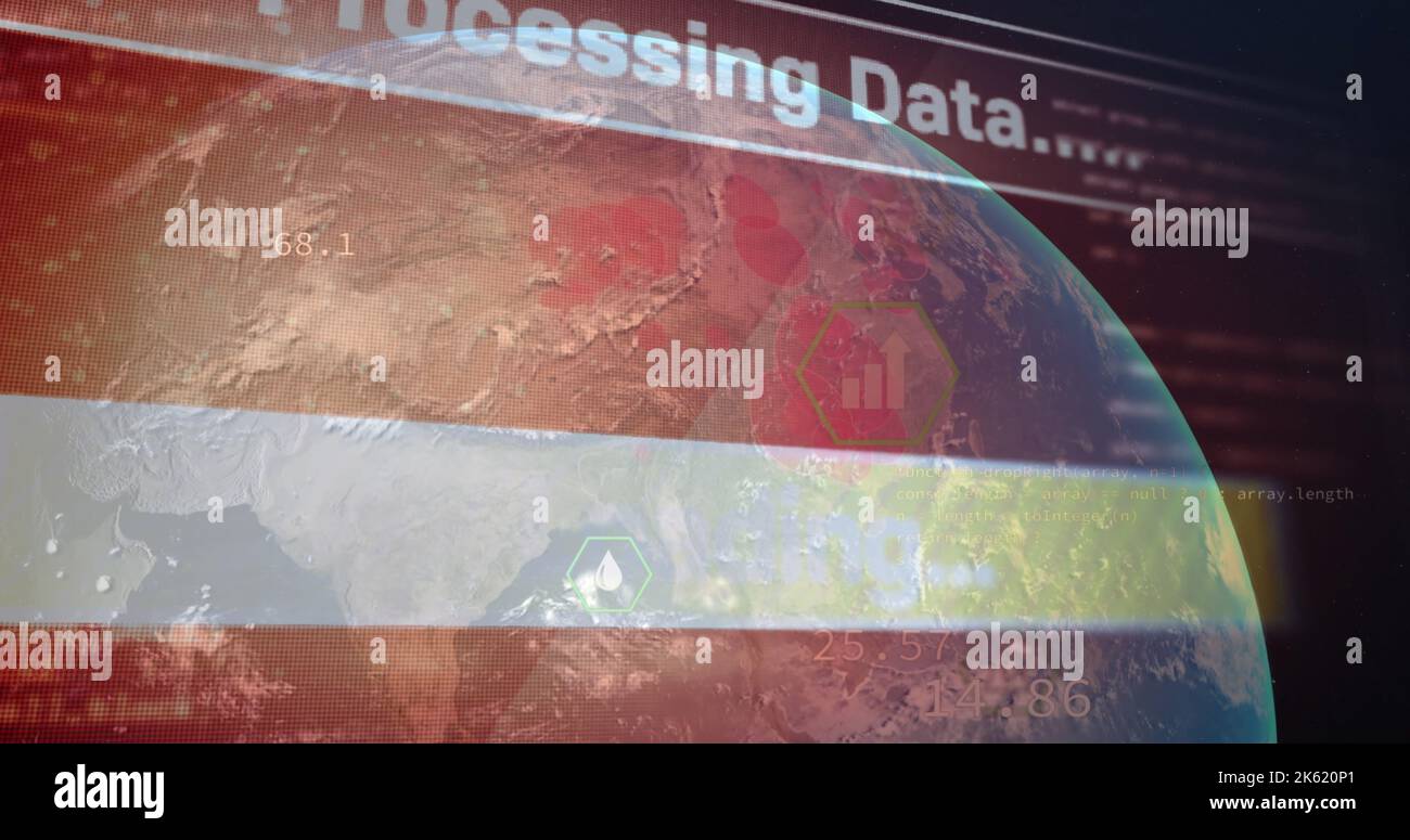 Immagine dell'elaborazione del testo dei dati con strisce e linguaggio di programmazione in tutto il mondo Foto Stock