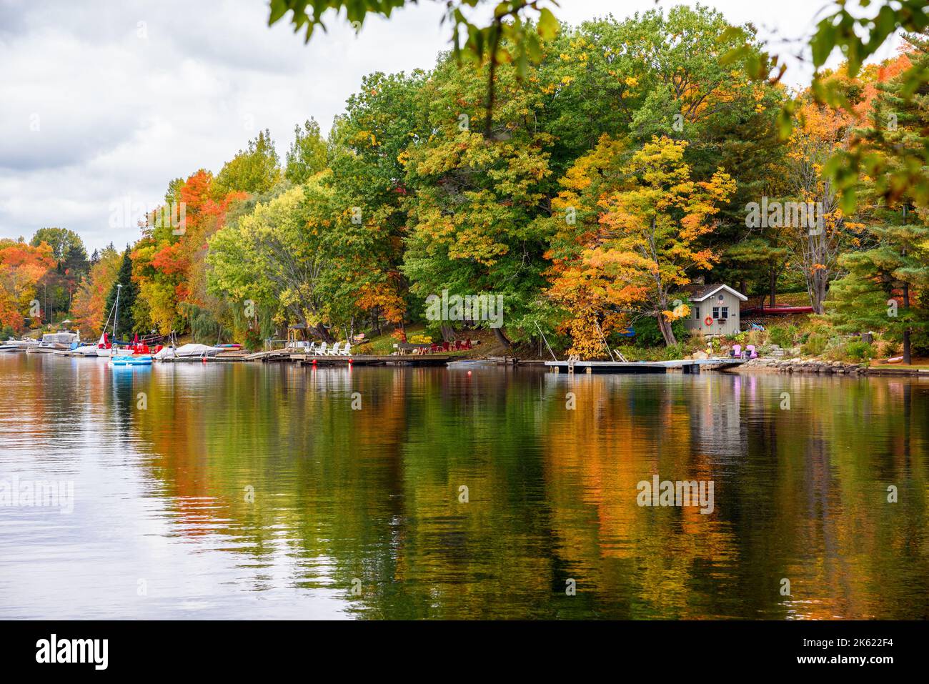 Adirondack sedie su jetties di legno lungo la riva boschiva di un fiume in una nuvolosa giornata autunnale. Splendidi colori autunnali. Foto Stock