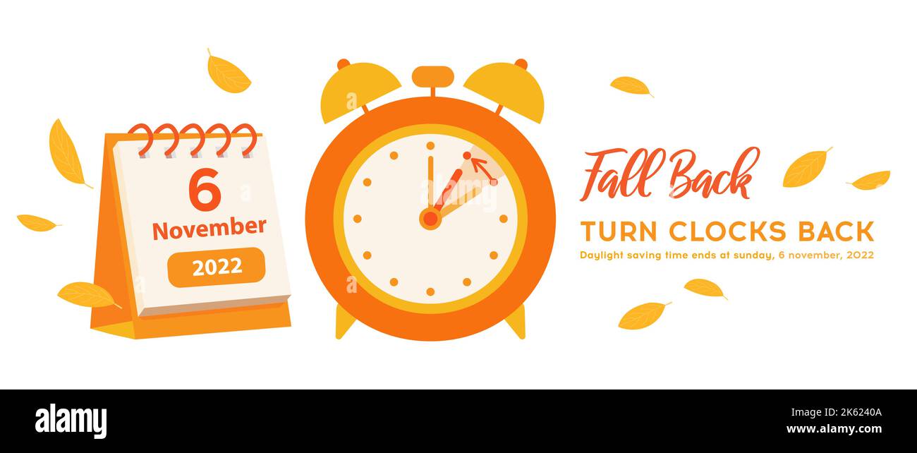 Fall Back Time per gli Stati Uniti con data di calendario 6 novembre 2022. L'ora legale termina il banner del promemoria. Cambio dell'orologio indietro di un'ora. Sveglia arancione Illustrazione Vettoriale
