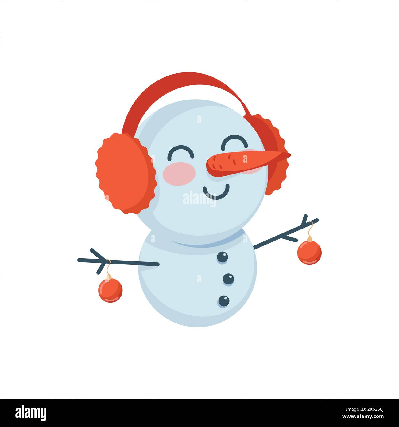 Carino pupazzo di neve con naso di carota e cuffie rosse Illustrazione Vettoriale