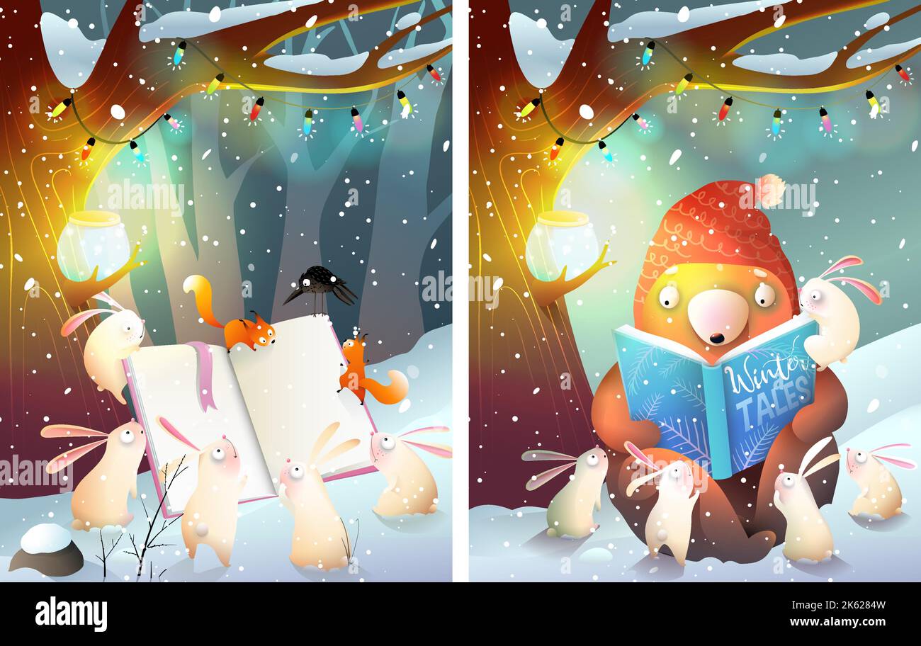 Bear and Bunnies Reading Book nella Foresta d'Inverno Illustrazione Vettoriale