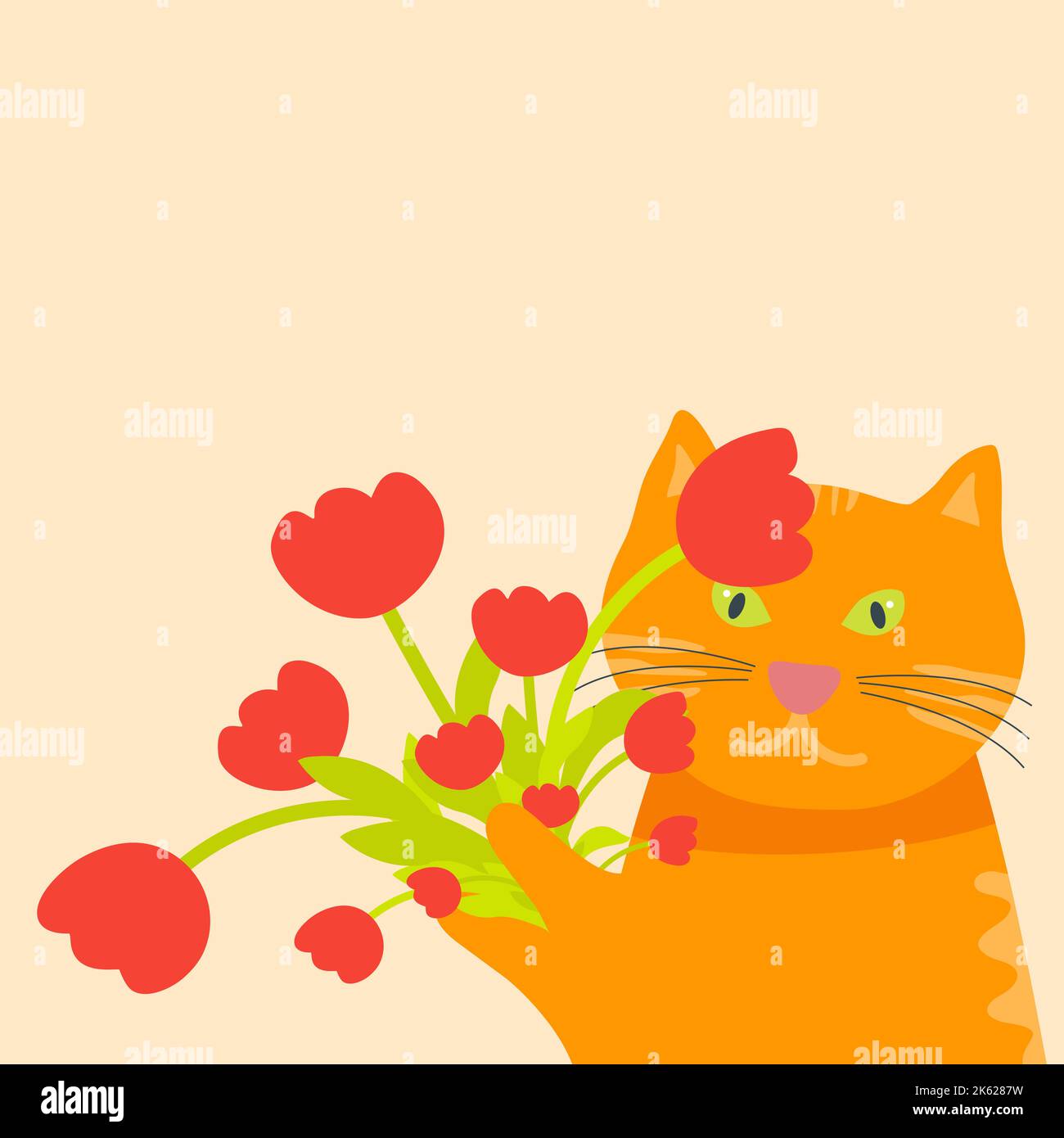 Arancione gatto divertente con un bouquet di fiori. Illustrazione Vettoriale