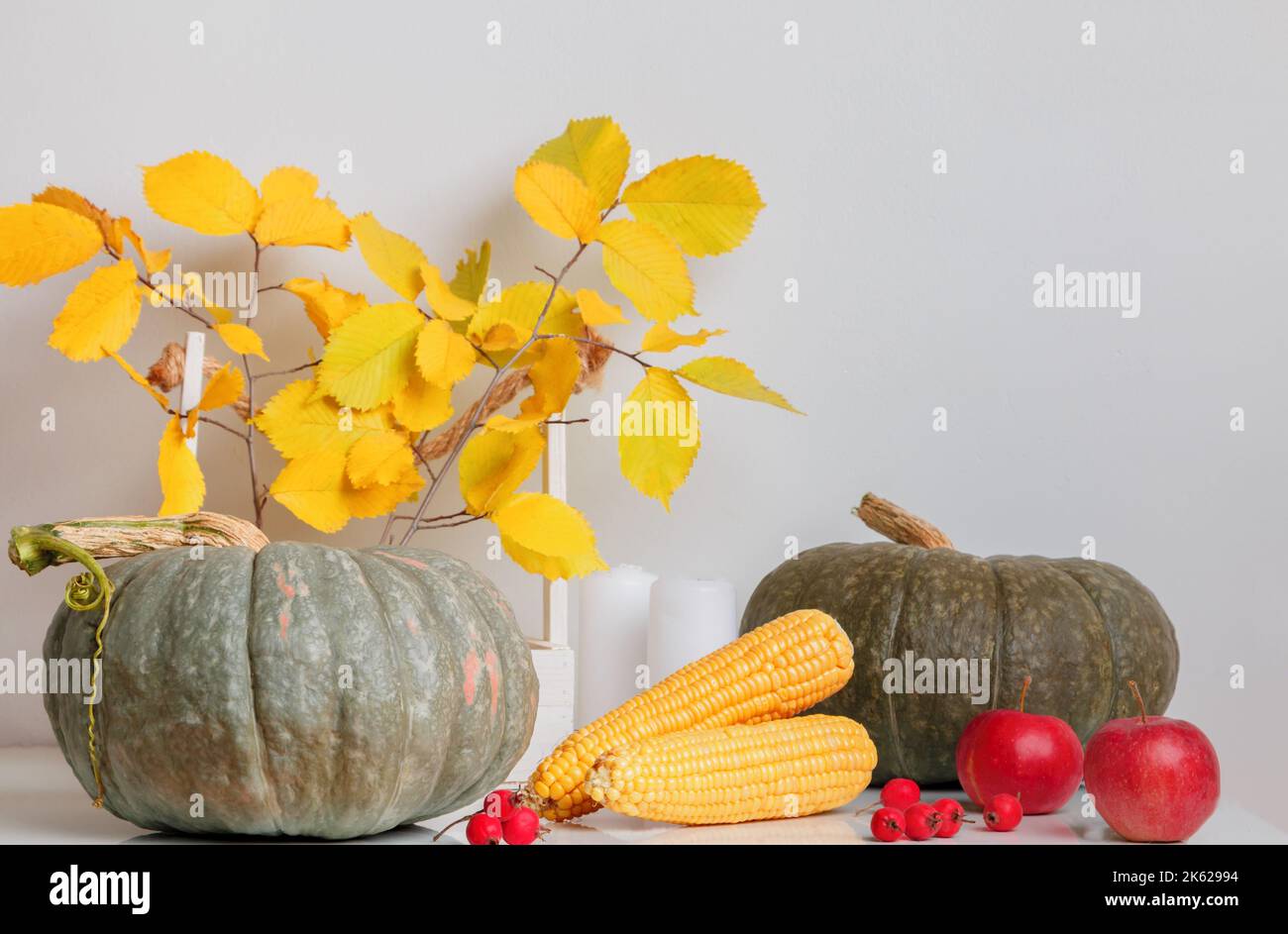 Concetto di celebrazione di Ringraziamento e Halloween. Autunno casa decorazione frutta zucche mele di mais su un tavolo bianco. Foto Stock