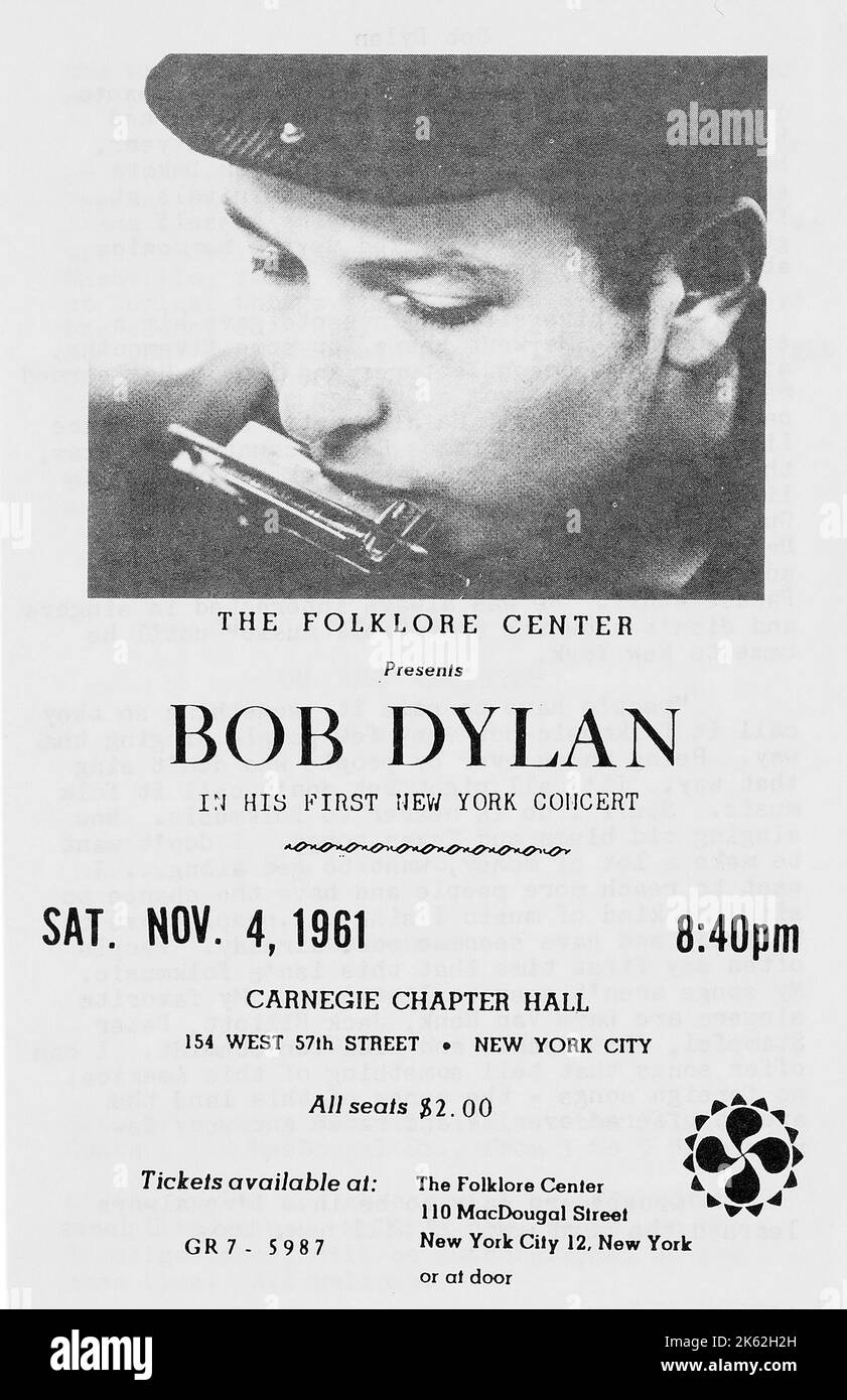 Bob Dylan 1961 Carnegie Chapter Hall New York - Concert Flyer - programma per il primo concerto N.Y. Foto Stock