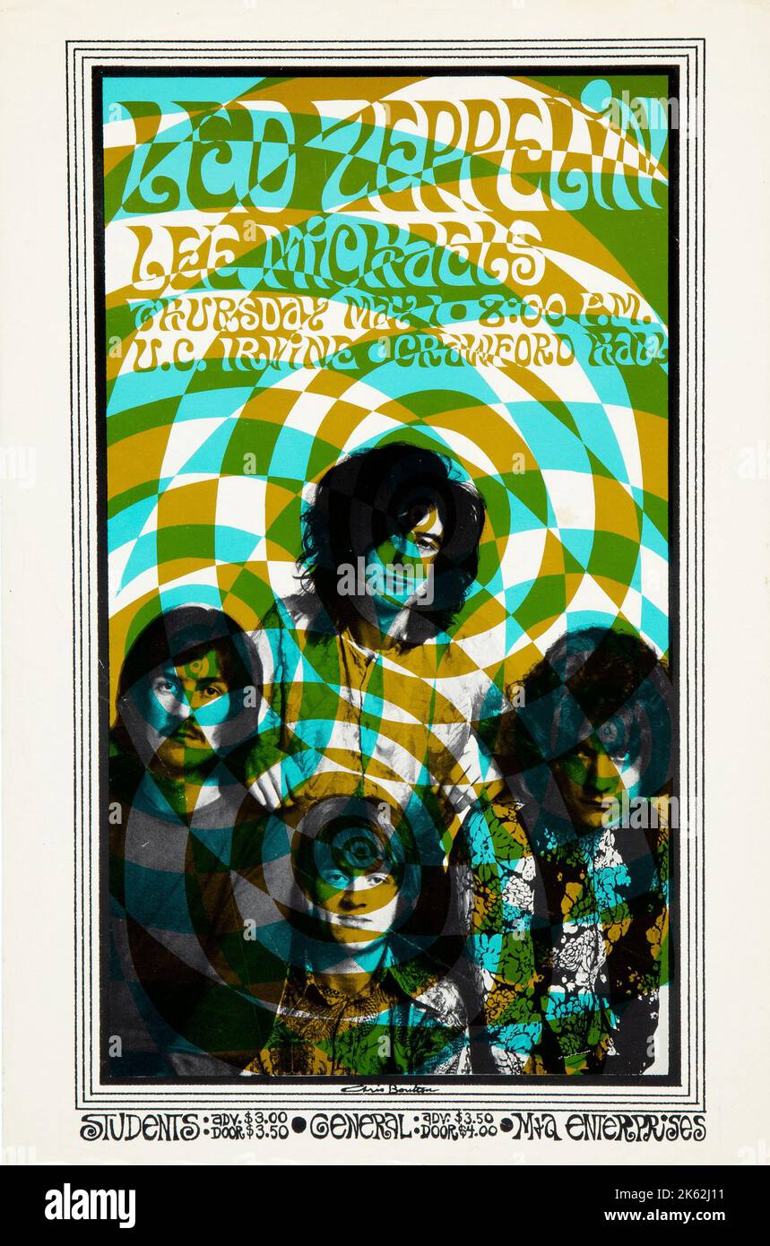 LED Zeppelin 1969 Irvine, California - Psychedelic Handbill feat John Paul Jones, Jimmy Page, Robert Plant, John Bonham. Foto Stock