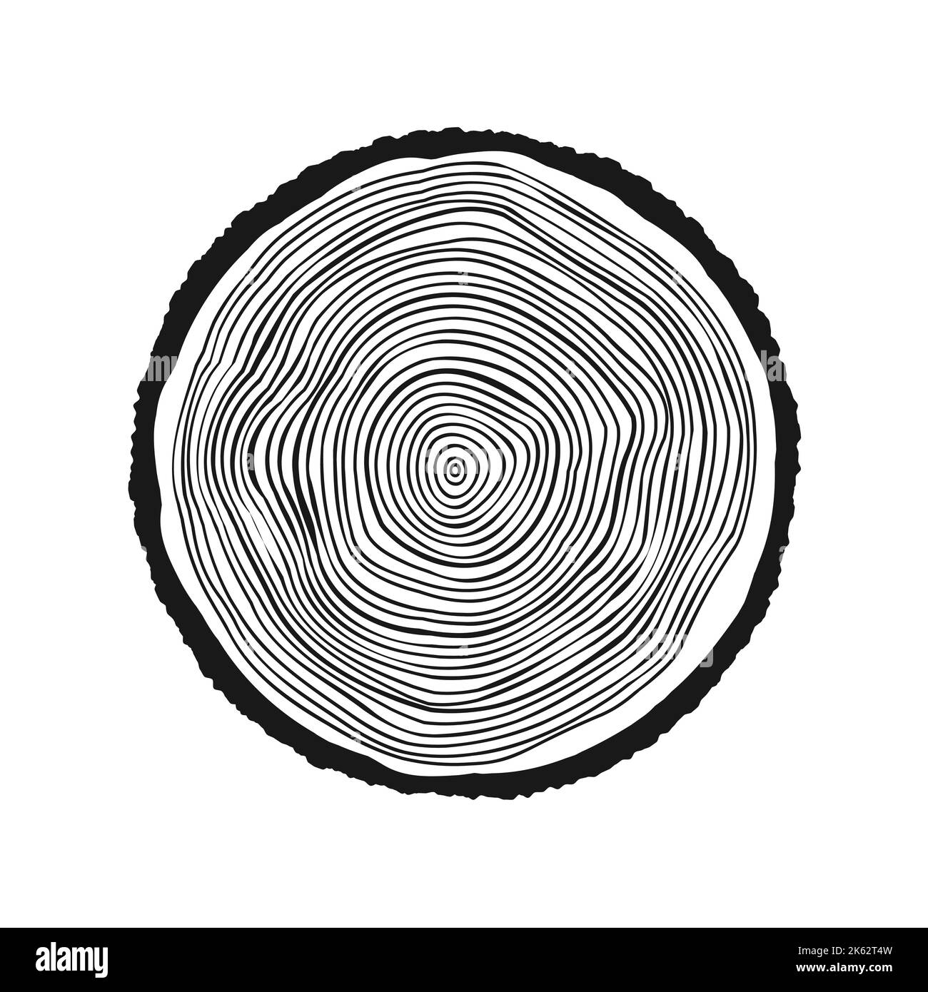 Tronco di albero rotondo tagliato, segato pino o fetta di quercia. Legname tagliato da poco, legno. Tessitura di legno con anelli di albero. Schizzo disegnato a mano. Illustrazione vettoriale Illustrazione Vettoriale