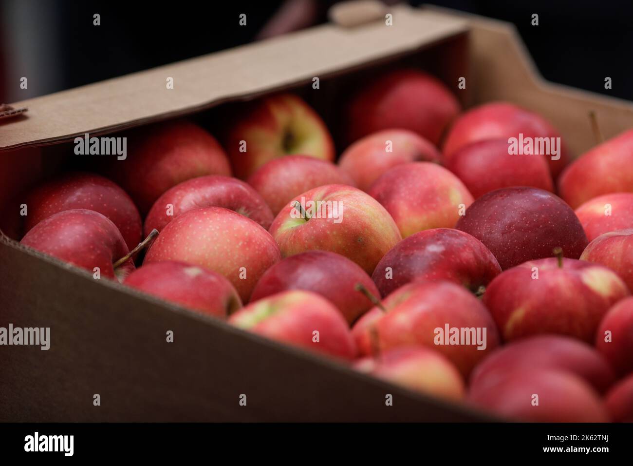 Profondità di campo ridotta (fuoco selettivo) dettagli con mele rosse in un mercato agricolo europeo. Foto Stock