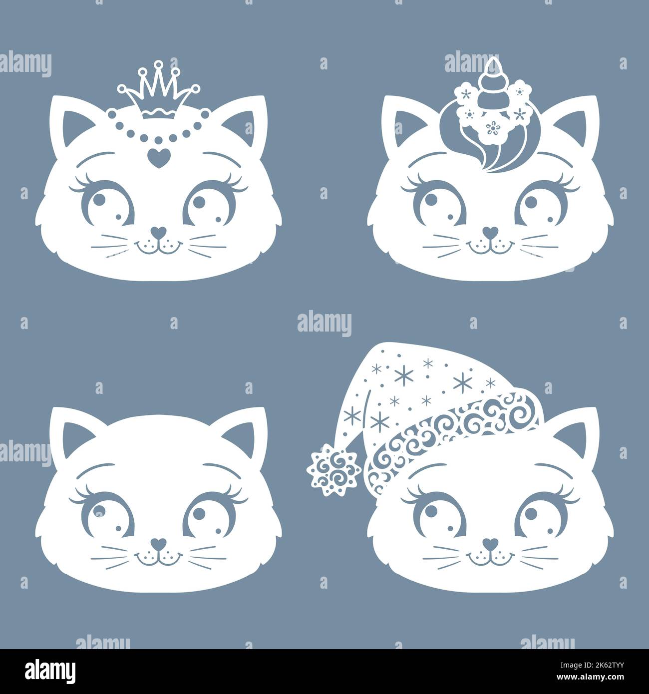 Set di silhouette di testa di gatto cartoni animati. Dima per il taglio laser di qualsiasi materiale. Per la progettazione di stencil per bambini, decorazioni natalizie, adesivi A. Illustrazione Vettoriale