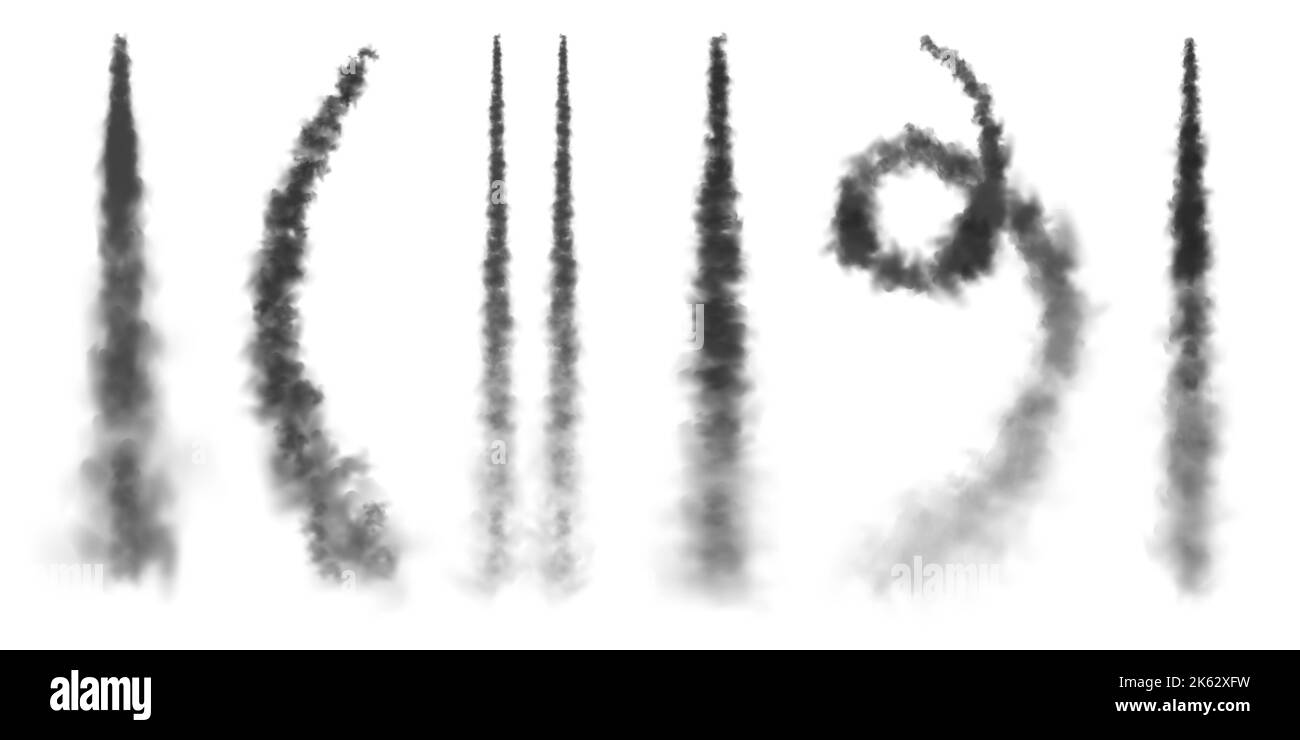 Missile realistico o bullet trail. Piste di condensazione di aerei, piste di aerei a reazione. Lancio del razzo spaziale. Nubi di fumo nero, esplosione. Flusso di vapore Illustrazione Vettoriale