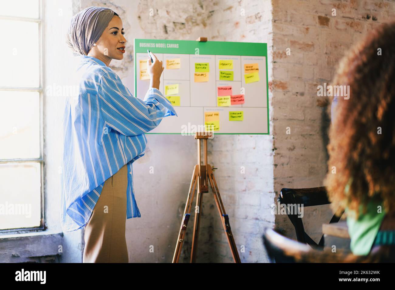 Donna dell'Asia occidentale con il headscif tradizionale del turban che parla di un commercio di startup su una tela di modello di affari - concetto di lifestyle di affari Foto Stock